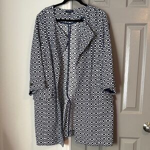 Lands' End Women's Navy and White Patterned 3/4 Sleeve Blazer Jacket